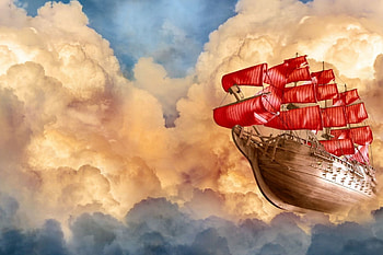 The Flying Dutchman, artwork, sailship, painting, red, clouds, sails, sky HD wallpaper