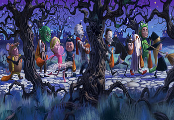 Trick Or Treaters, kids, halloween, woods, houses HD wallpaper