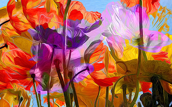 Flowers, blue, art, , orange, summer, purple, painting, pictura, flower, red, texture, glass, luminos HD wallpaper