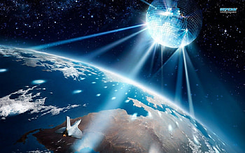 UNIVERSAL DISCO, rays, skies, universe, shuttle, disco, earth, dancing, lights, shine, worlds HD wallpaper