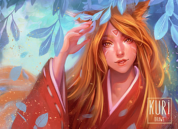 Kitsune, luminos, girl, orange, christina schneider, blue, kimono, art, fox, fantasy, face, kuridraws HD wallpaper