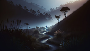 Mystic Trail through Misty Forest, trail, landscape, path, silhouette, fog HD wallpaper