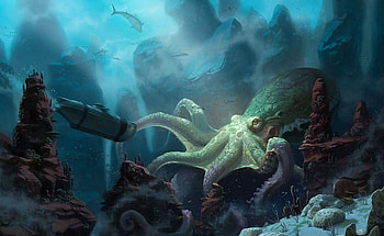 Sea monster, blue, sea, art, monster, summer, octopuss, fantasy, underwater, luminos, vara HD wallpaper