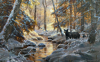 Time to Hibernate, artwork, bears, creek, snow, snowwinter, trees, cubs, forest, painting HD wallpaper