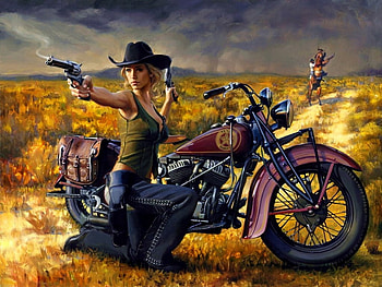 Gun Fighting Cowgirl, gun fight, cowgirl, harley, fantasy HD wallpaper