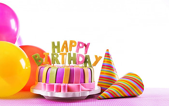 Happy Birtay!, colorful, white, orange, cake, pink, green, yellow, birtay, balloon, card, hat HD wallpaper