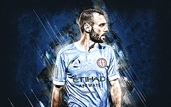 Florin Berenguer, Melbourne City FC, French footballer, portrait, Berenguer Melbourne City FC, A-League, blue stone background, soccer HD wallpaper