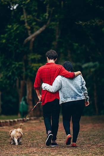 Couple walking with a Shih Tzu in a lush park, embracing affectionately. HD phone wallpaper