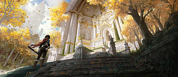 Castle entrance, fantasy, art, caiji lin, yellow, autumn, leaf, toamna, white, entrance, castle HD wallpaper