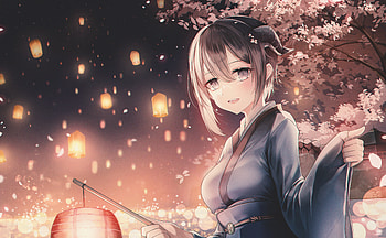 Anime Girl Amid Cherry Blossoms & Lantern Glow, Anime, girl, anime girl HD wallpaper