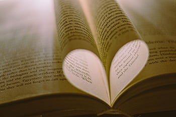 Creative heart shape formed by book pages under warm light, symbolizing love for reading. HD wallpaper