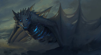 Dragon, blue, wings, black, fantasy, art, letrongdao, dark HD wallpaper