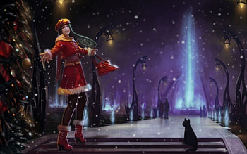 Christmas lights, night, blue, winter, white, girl, cat, purple, anime, lights, christmas, red, manga, hat HD wallpaper