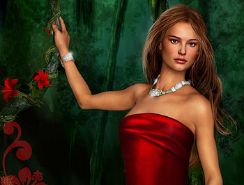 Red Beauty, jewlery, fantasy, trees, flowers, red dress, woman HD wallpaper