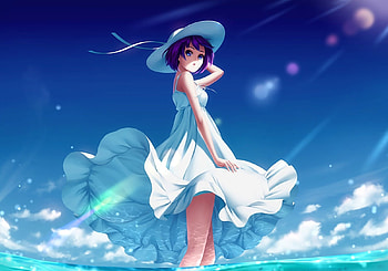 girl, blue, sea, white, dine and rita, dress, beach, summer, anime, manga, vara HD wallpaper