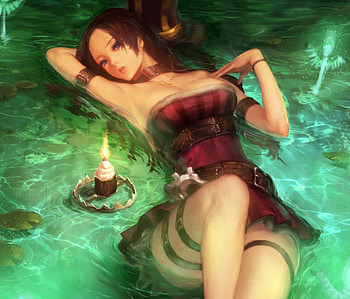 Caitlyn, girl, flame, League of Legends, anime, lying, candle, water, manga, female HD wallpaper