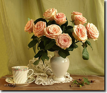 still life 1, composition, art , still life, table, vase, flowers, cup HD wallpaper