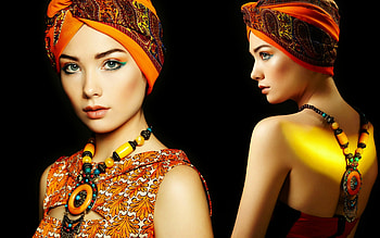 Beauty, black, model, girl, orange, woman, collage, jewel, oleg gekman, scarf HD wallpaper