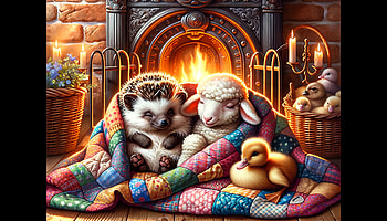 Cute Animals Warm and Cozy Next to the Fireplace, Warm and Cozy, Cozy, cute, hedgehog, lamb HD wallpaper