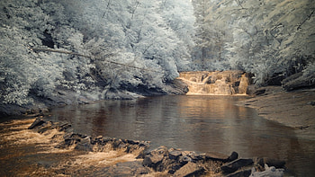 distorted colors of a river in forest, falls, river, colors, distorted, forest HD wallpaper
