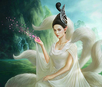 Fox girl, white, frumusete, asian, ahri, girl, fox, hand, petals, green, luminos, ruoxin zhang, nine tails HD wallpaper