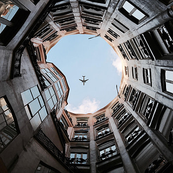 Sky, Building, Miscellanea, Miscellaneous, Height, Plane, Airplane, Bottom View HD phone wallpaper