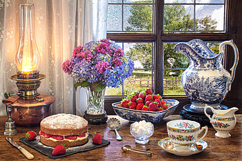 Still Life, Strawberries, Hydrangea, Window, Pie, Lamp, Cup HD wallpaper
