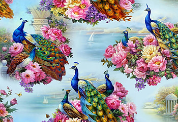 Peacocks, flowers, birds, feathers, blossoms, colors HD wallpaper