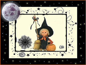 little girl with moon, black, moon, spiker, broom, pumpkin, happy halloween, sweet witch HD wallpaper
