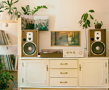 Retro home interior featuring vintage stereo, speakers, and houseplants for cozy atmosphere. HD wallpaper