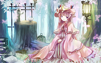 Touhou, Amazing, Manga, Sit, Knowledge, Garden, Cute, Smile, Beautiful, Dress, Gorgeous, Happy, Patchouli, Ribbon, Long Dress, Playful, Hat, Anime Girl, Elegant, Bow, Sitting, Purple Hair, Lovely, Awesome, Anime, Pretty, Fun, Sweet, Purple Eyes, Long Hair HD wallpaper