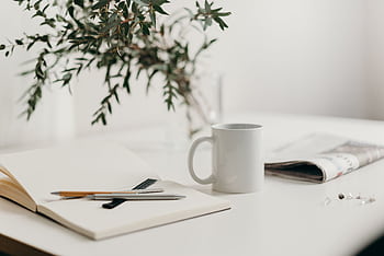 A serene minimalist workspace featuring a white coffee mug, open notebook, and green plant vase on a desk. HD wallpaper