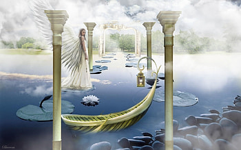 To heaven..., columns, paradise, angel, land, lake, woman, fog, fantasy, heaven, clouds HD wallpaper