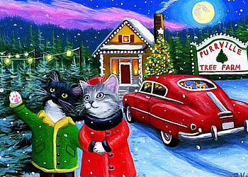 Looking for Christmas Tree, artwork, painting, lights, car, christmas, house, cats, sun HD wallpaper