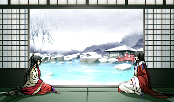 Relaxing, japanese clothes, winter, kimono, game cg, g yuusuke, anime, kajiri kamui kagura, girls, water HD wallpaper