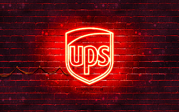 UPS red logo, , red brickwall, UPS logo, brands, UPS neon logo, UPS HD wallpaper
