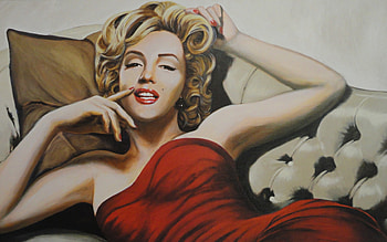 Marilyn Monroe, sofa, blonde, art, girl, actress, woman, painting, red HD wallpaper