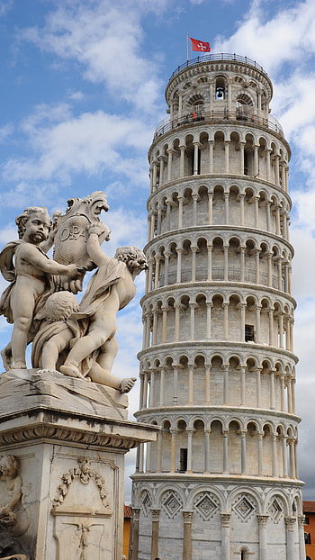 Putti fountain, Leaning Tower, Iconic piazza, Historic architecture HD phone wallpaper