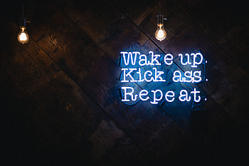 Neon Mantra: Wake Up. Kick Ass. Repeat., motivational, neon sign, artistic, neon HD wallpaper