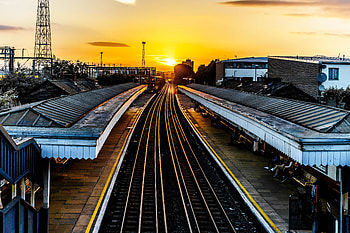 Cities, Sunset, Railway, Train HD wallpaper