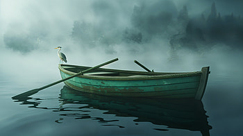 Fogbound Serenity — Ultra : Lone Rowboat & Heron, bird, fog, water HD wallpaper