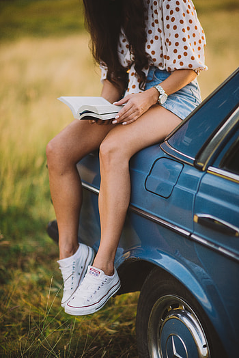 Miscellanea, Miscellaneous, Sneakers, Car, Machine, Girl, Book, Shoes, Reading HD phone wallpaper