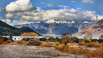 glorious mountains, shore, clouds, mountains, forest, lake HD wallpaper
