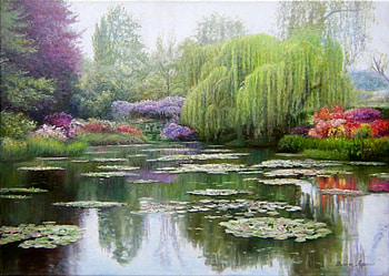 The lake, art, pictura, flower, water, zbigniew kopania, lake, park, purple, painting, green HD wallpaper