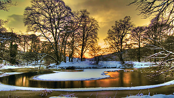Ice & Snow, sky, sunset, river, trees, landscape, colors HD wallpaper