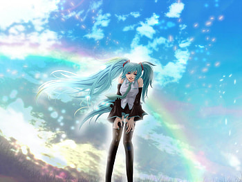 Hatsune Miku, awesome, nice, hatsune, sexy, twintail, hot, girl, singer, aqua, sky blue, anime, pretty, virtual, blue, colorful, song, cute, vocaloid, beauty, miku, music, vocaloids, thighhighs, program, skirt, beautiful, diva, tie, rainbow, cool, sky, idol HD wallpaper