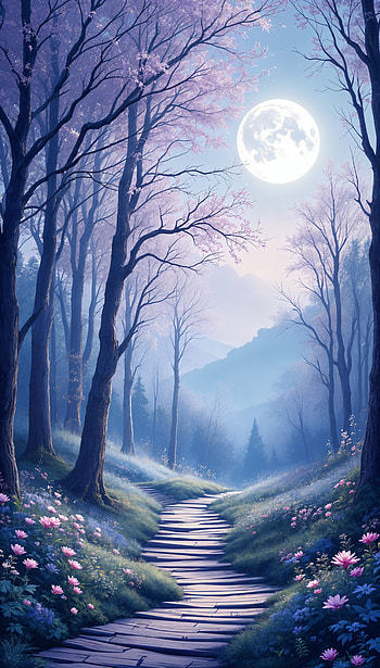 Moonlit Forest: Enchanting , path, forest, moonlight, flower HD phone wallpaper