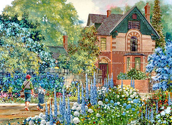 blue garden, garden, nature, flowers, house HD wallpaper