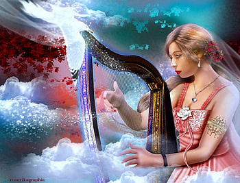 ~Harp in the Sky~, beautiful girls, digital art, lady, weird things people wear, beautiful, people, creative pre-made, harp, love four seasons, fantasy, pretty, manipulation, softness beauty, sky, girls, flowers, lovely, fantasy girls HD wallpaper