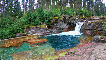 Deadwood Falls, Glacier National Park, Montana, rocks, forest, river, plants, trees, usa HD wallpaper